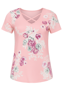 Bluzka damska z krótkim rękawem różowa z motywem kwiatów