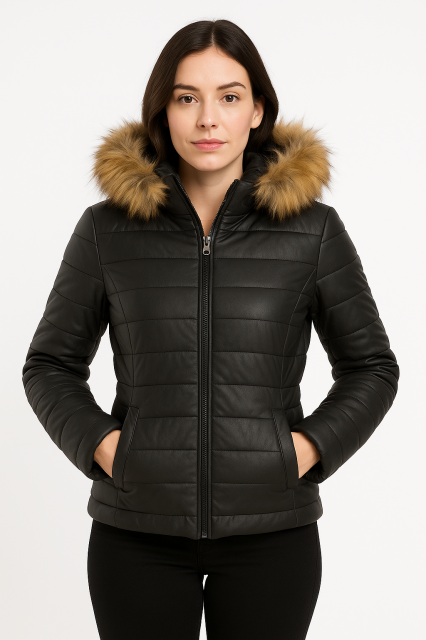 kurtka damska, pikowana ze skóry ekologicznej, czarna