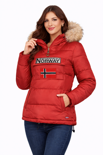 Kurtka damska narciarska puchowa Geographical Norway BELANCOLIE LADY czerwona z kapturem.png