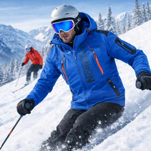 Kurtka męska softshell narciarska Geographical Norway Techno z kapturem niebieska model.png