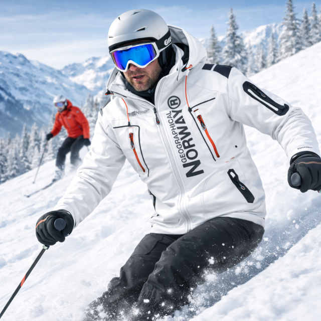 Kurtka męska softshell narciarska Geographical Norway Techno z kapturem biała model.png