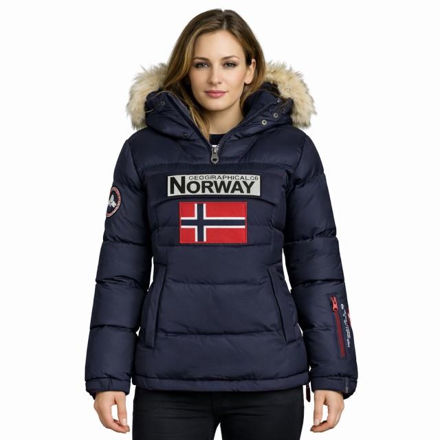 Kurtka damska narciarska puchowa Geographical Norway BELANCOLIE LADY granatowa z kapturem modelka.jpg