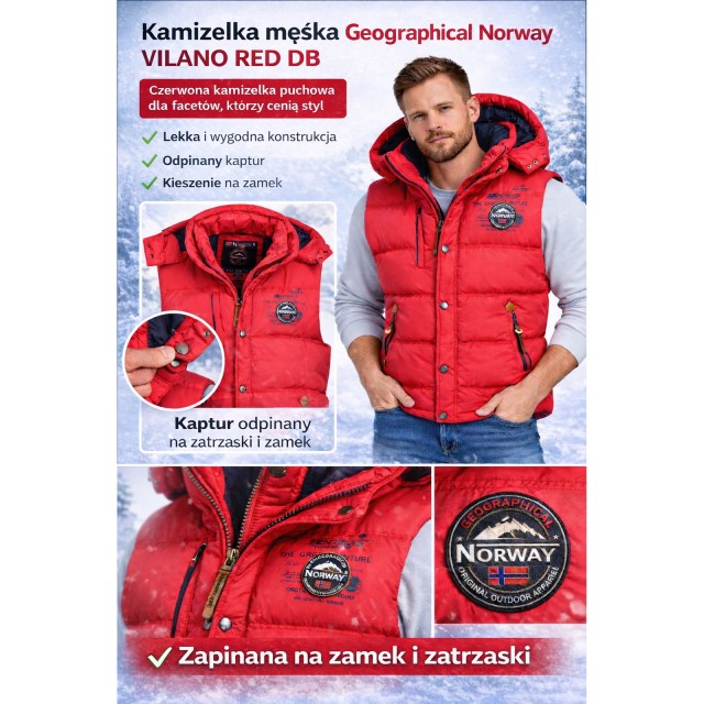Kamizelka męska puchowa Geographical Norway VILANO czerwona z kapturem detale.jpg