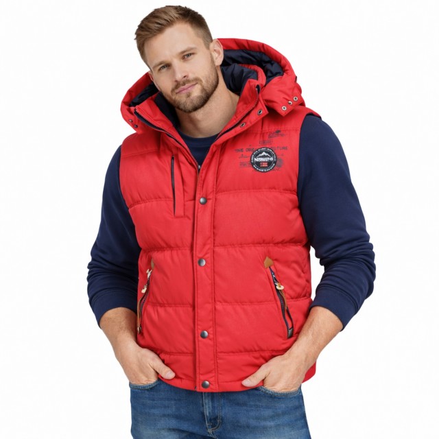 Kamizelka puchowa Geographical Norway VILANO czerwona z kapturem na modelu