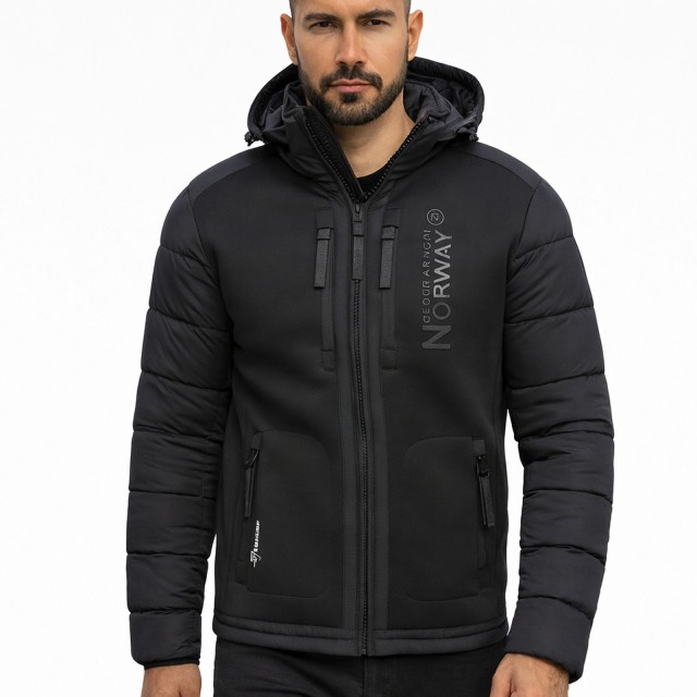 Kurtka męska zimowa Geographical Norway BEACHWOOD czarna z kapturem model.jpg