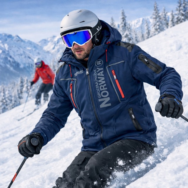 Kurtka męska softshell narciarska Geographical Norway Techno z kapturem granatowa model.jpg