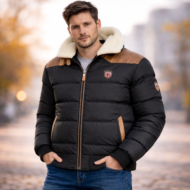 Kurtka męska zimowa puchowa Geographical Norway ABRAMOVITCH czarna ze stójką na modelu