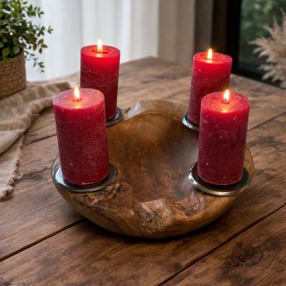 Świecznik TEAK 30 cm 4 Świece Drewno Tekowe Dekoracja Stołu Salon Premium Naturalny