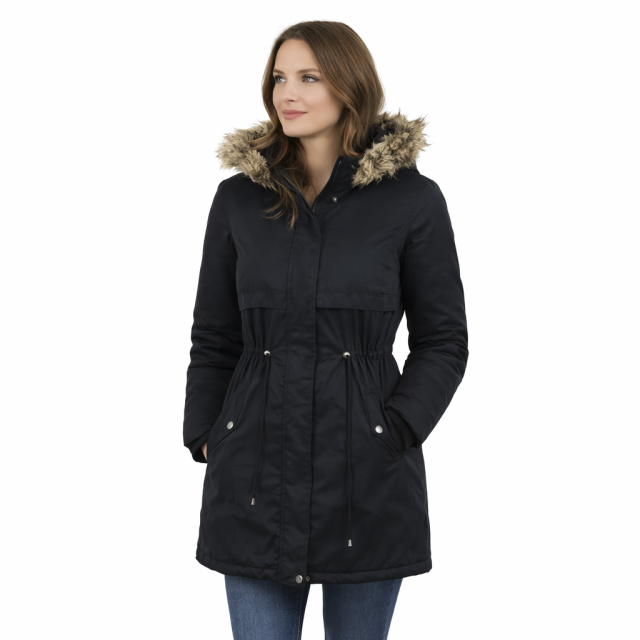 Kurtka damska parka dwustronna granatowo szara z kapturem zimowa Brave Soul strona pierwsza modelka
