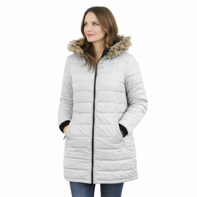 Kurtka damska parka dwustronna granatowo szara z kapturem zimowa Brave Soul strona druga modelka