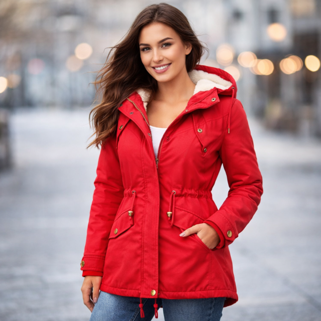 Kurtka damska parka z ociepleniem czerwona na modelce