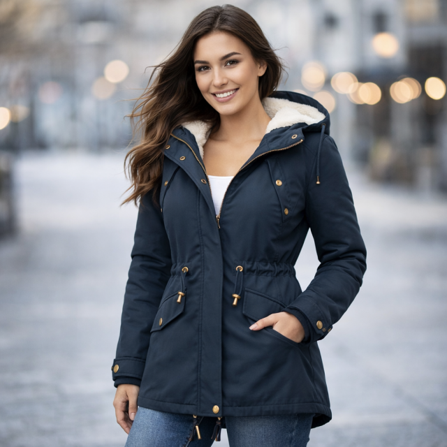 Kurtka damska parka z ociepleniem granatowa na modelce