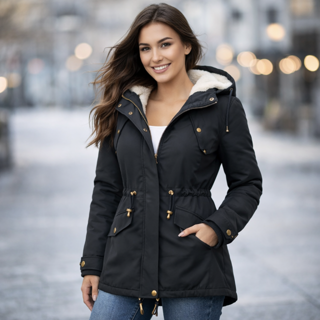 Kurtka damska parka z ociepleniem czarna na modelce