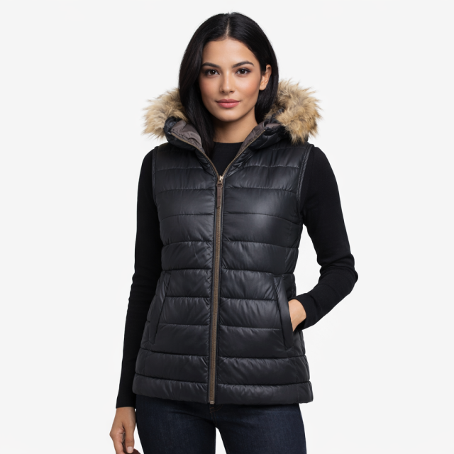 Kamizelka damska pikowana z kapturem futro Malexxius Tiberius na modelce