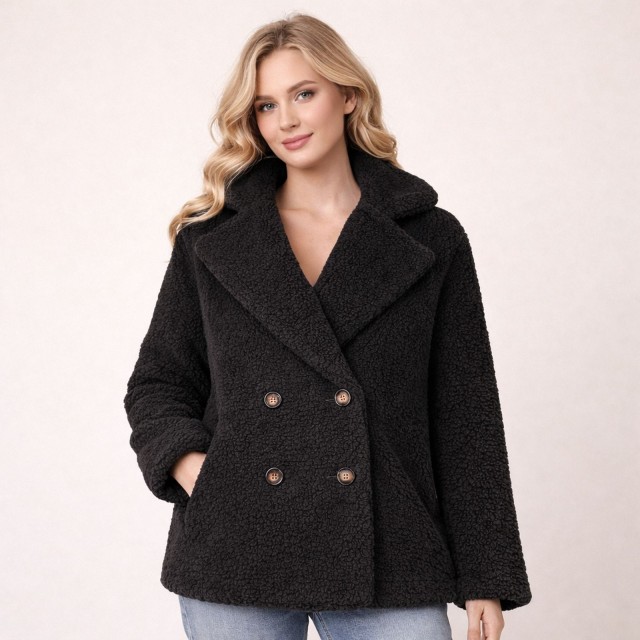 kurtka damska teddy bear czarna oversize na modelce styl casual