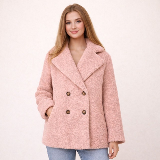 kurtka damska teddy bear różowa oversize na modelce styl casual