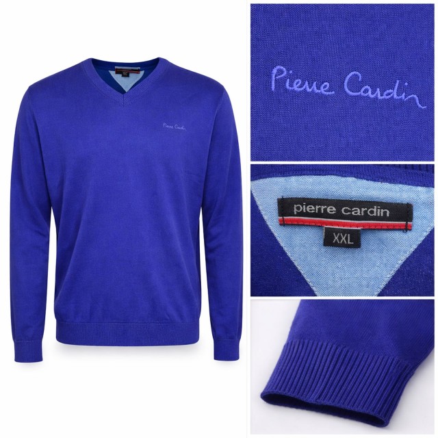 Sweter Pierre Cardin niebieski detal materiału 100% bawełna V-neck
