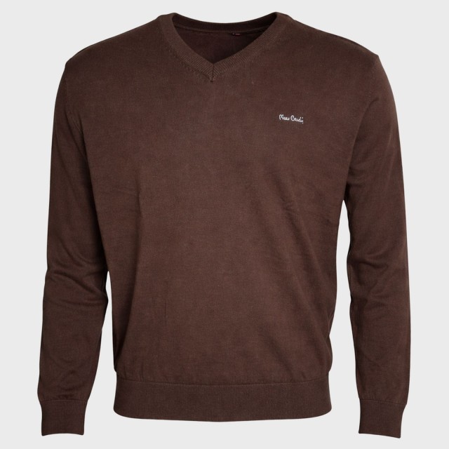 Sweter męski Pierre Cardin brązowy V-neck elegancki 100% bawełna