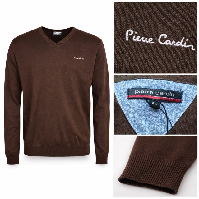 Sweter Pierre Cardin brązowy detal materiału 100% bawełna V-neck