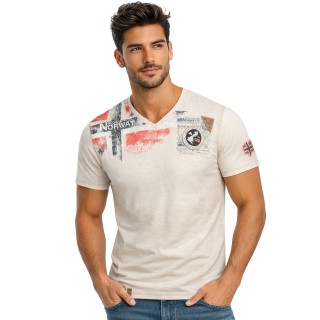 Koszulka Męska Beżowa 100% Bawełna Kieszonka Skórzany Detal T-shirt Jamo 254 Geographical Norway (1)