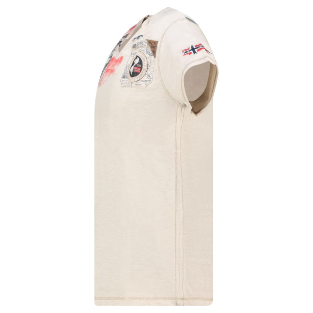 koszulka męska Geographical Norway beżowa detal rękaw nadruk flaga