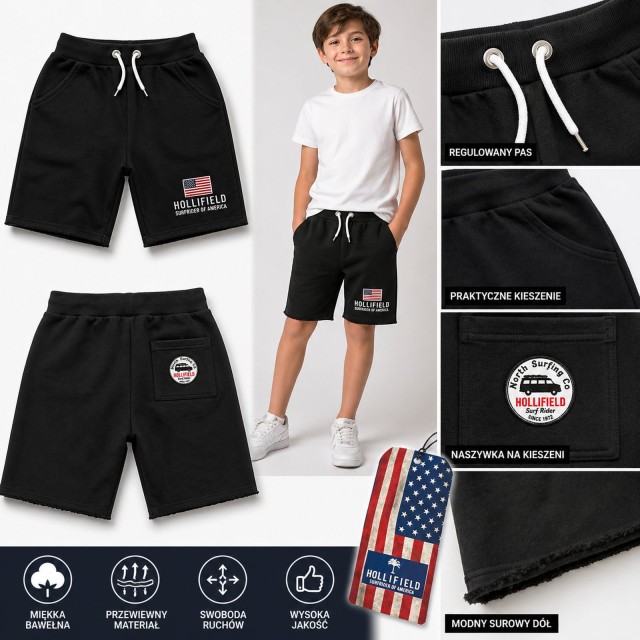 spodenki chłopięce czarne Hollifield Madisson zestaw zdjęć detale kieszenie szorty