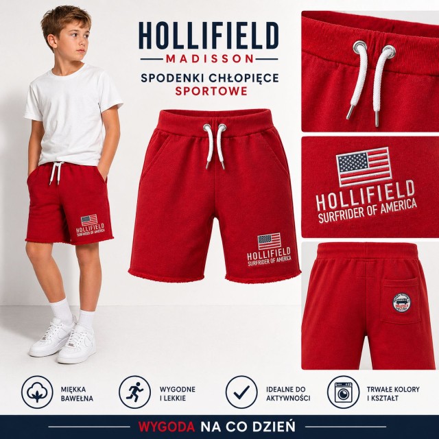 spodenki chłopięce czerwone sportowe bawełniane wygodne Hollifield Madisson zestaw zdjęć produktowych