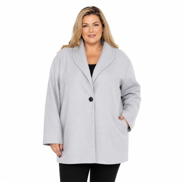 Płaszcz damski oversize niebieski elegancki jesienno zimowy szeroki krój na modelce OUTLET