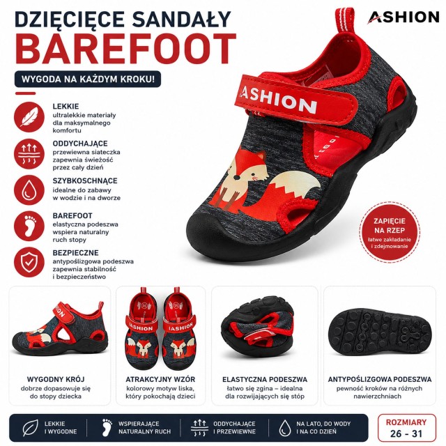 Sandały dziecięce barefoot lisek czerwone collage cechy produktu Ashion