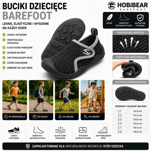 buciki dziecięce hobibear barefoot elastyczna podeszwa szare collage