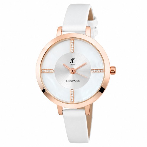 Zegarek damski Crystal Watch Swarovski® biały skórzany pasek różowe złoto – widok z przodu