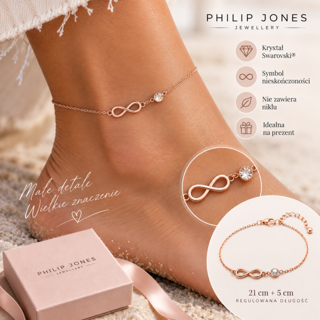 Bransoletka na kostkę Infinity Philip Jones na nodze – różowe złoto